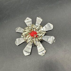 Vintage Christmas Ornament Aluminum Flower Red Button Handmade Mid Century